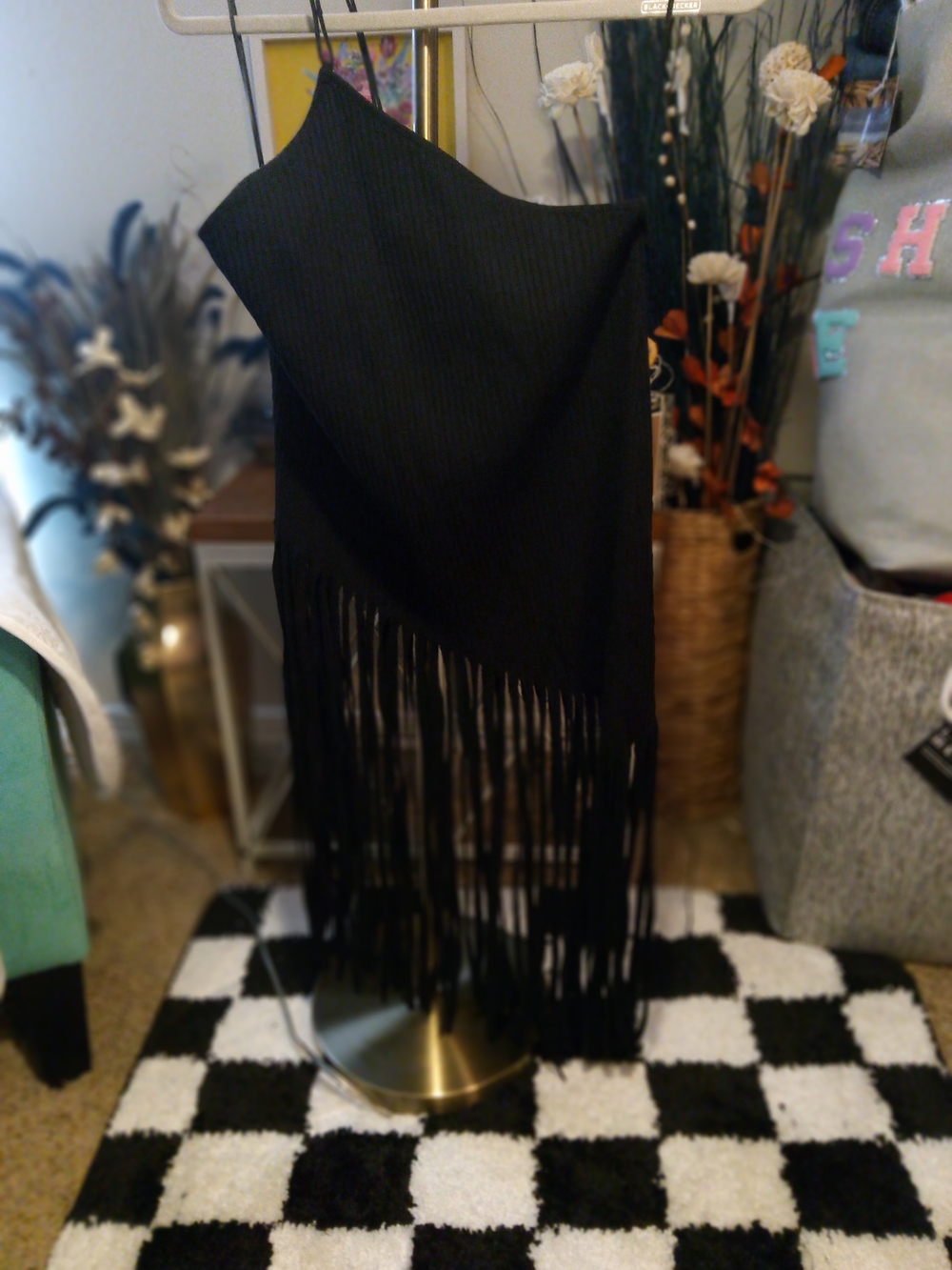 Zara Black Fringe Knit One Shoulder